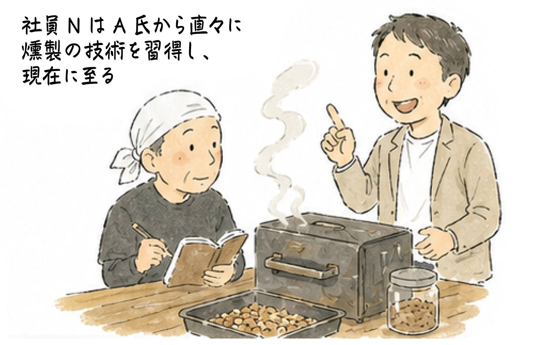 社員NがA氏から直々に燻製の技術を習得し、現在に至る