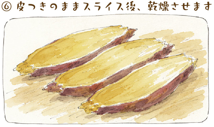 皮つきのままスライス後、乾燥させます